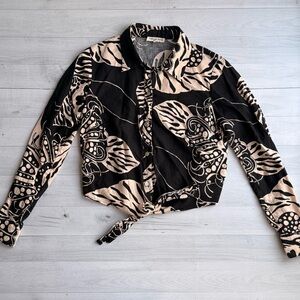 Christian Siriano Black and Cream Linen Blend Tie Front Blouse XS